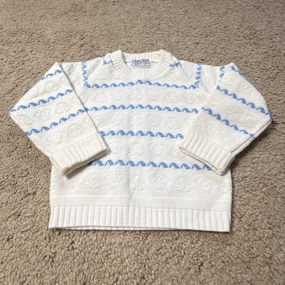 Vintage Cradle Knit Baby Sweater 6-9 Months White Blue Knit 100% Acrylic Korea